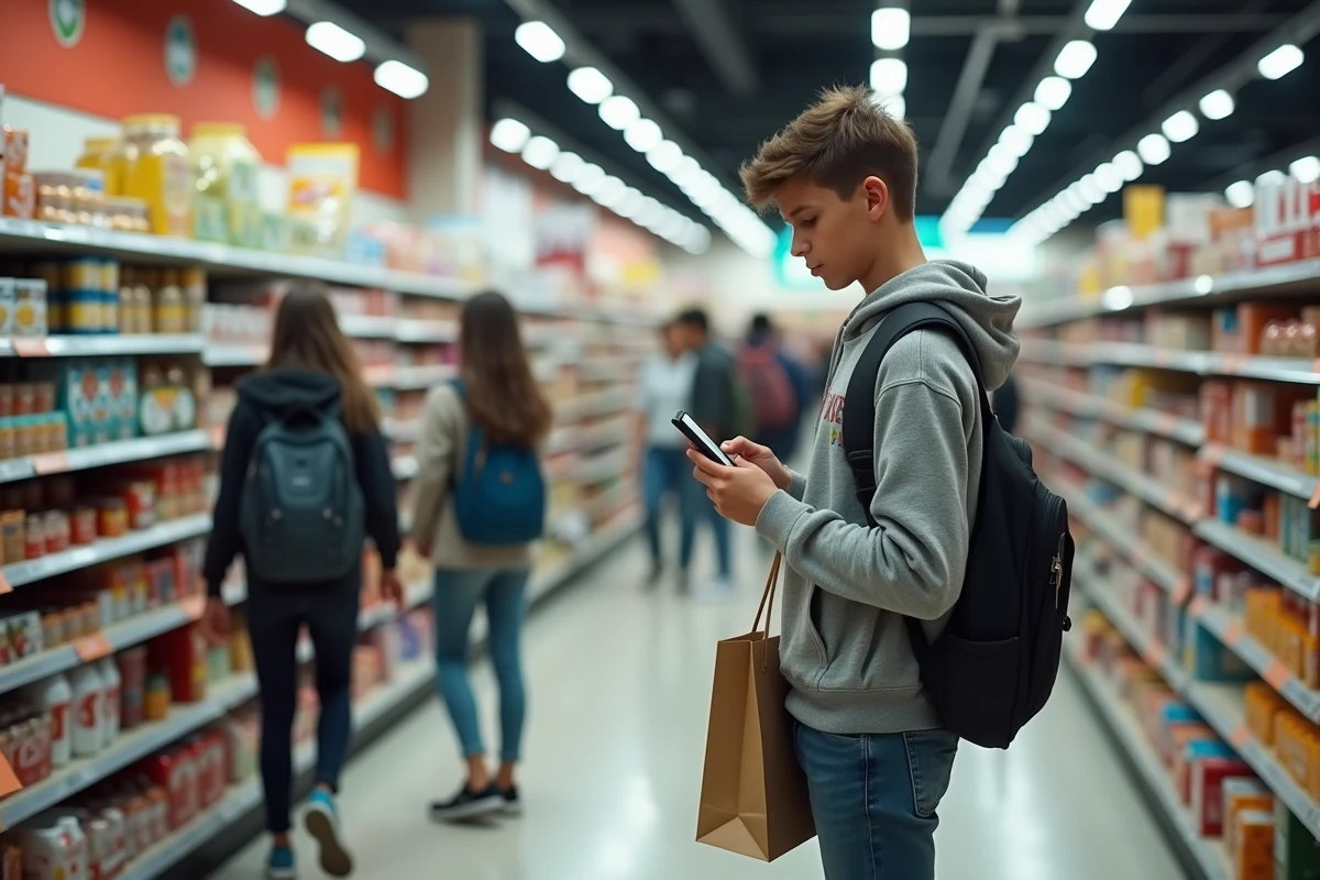 Adolescent vérifiant son téléphone dans un supermarche