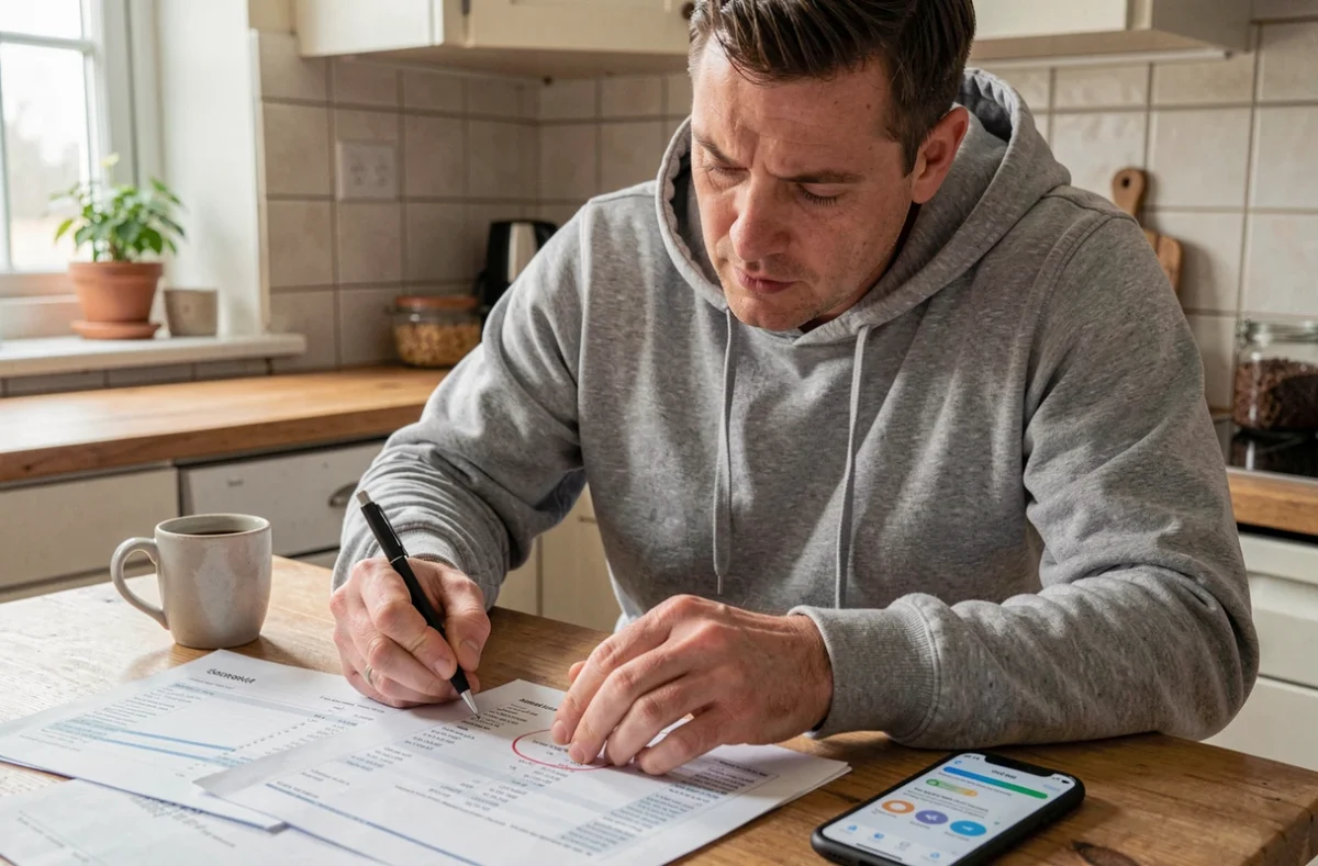 Homme analysant ses relevés bancaires pour comprendre un refus de Flex LCL à domicile