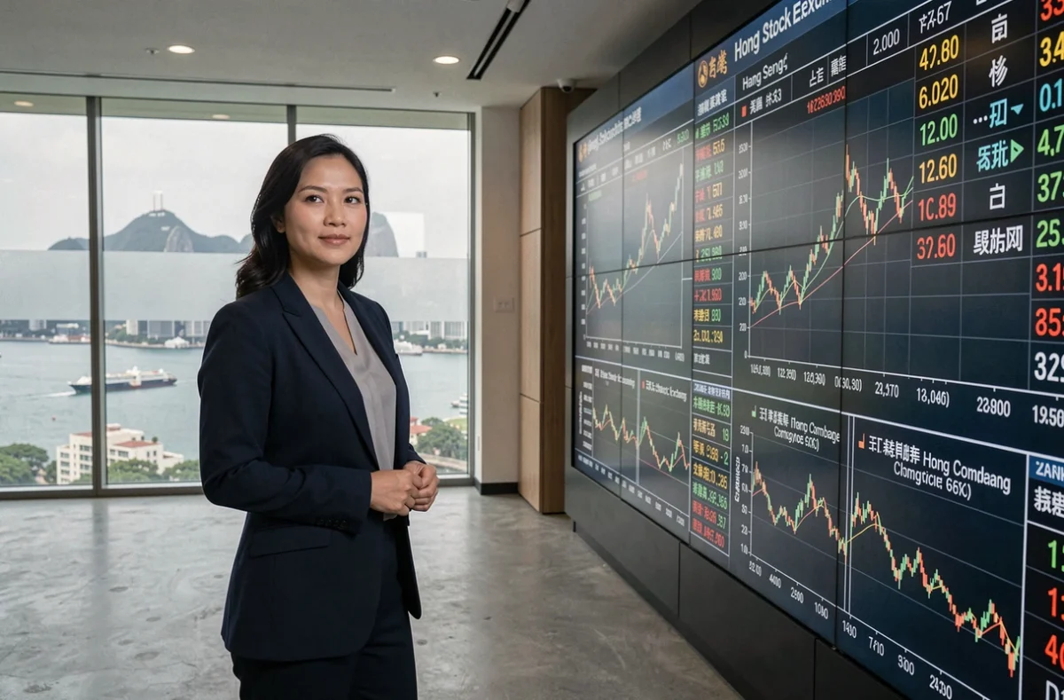 Analyste financière comparant les indices boursiers de Hong Kong et Shanghai sur un mur d'écrans de données dans un bureau moderne