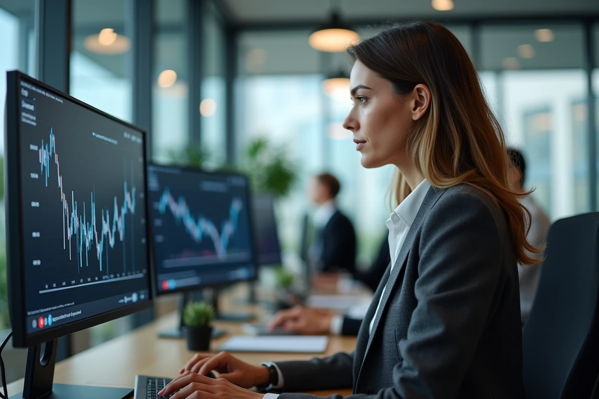 Femme analyste financière examinant les tendances de dividendes sur écran dans un bureau en open space