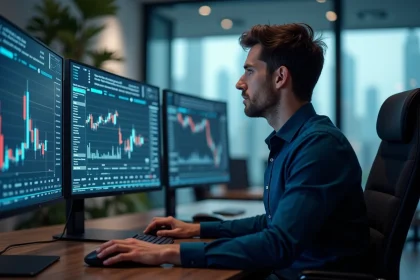 Analyste financier consultant en temps réel la cotation ArcelorMittal sur plusieurs écrans dans un bureau de trading moderne