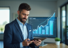 Professionnel confiant analysant croissance financière sur tablette