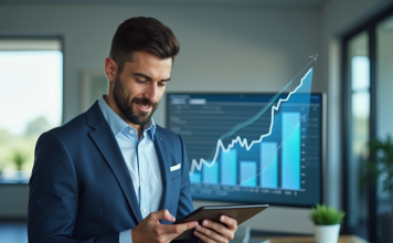 Professionnel confiant analysant croissance financière sur tablette