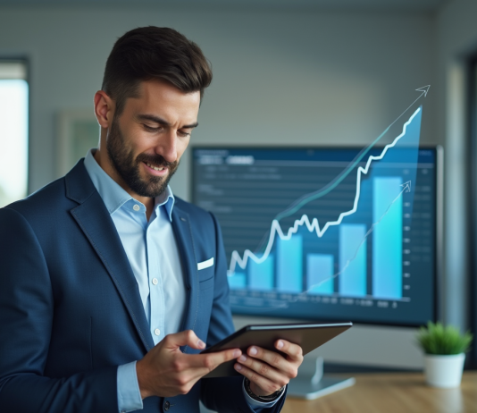 Professionnel confiant analysant croissance financière sur tablette