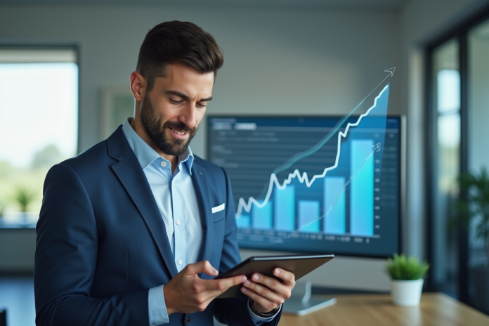 Professionnel confiant analysant croissance financière sur tablette