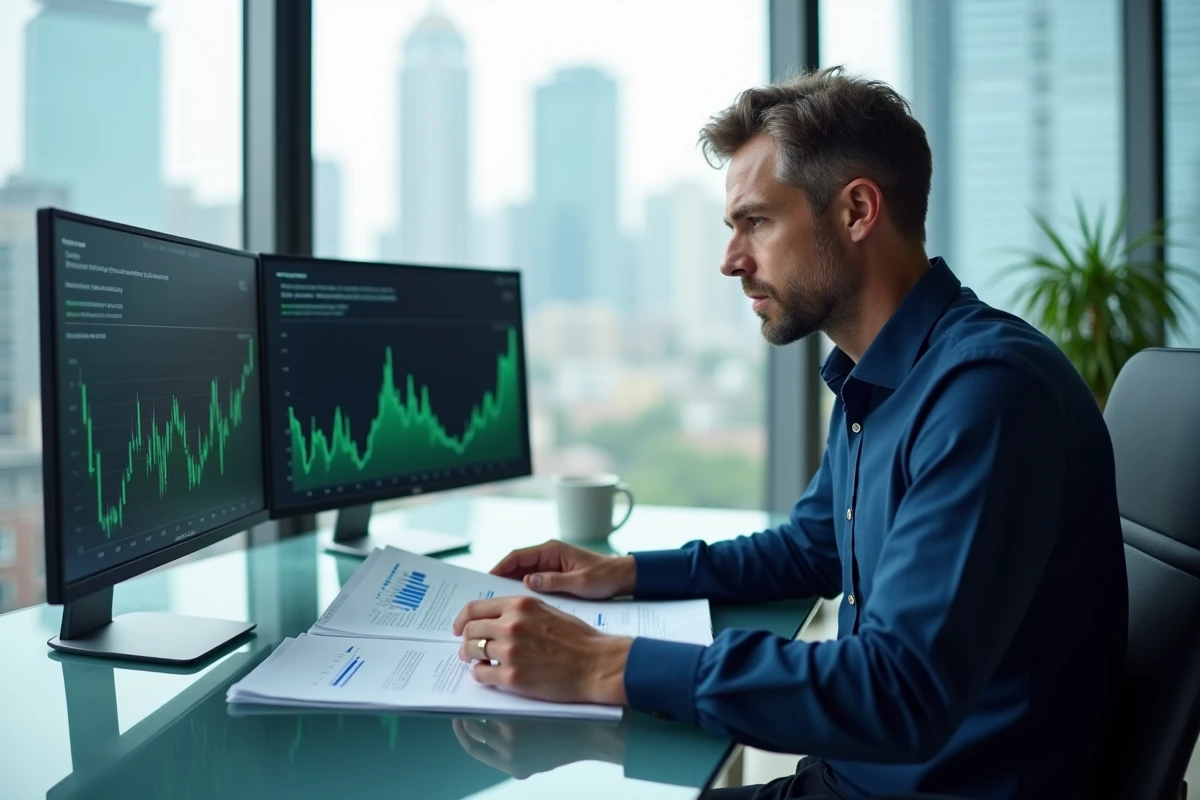 Analyste financier examinant des rapports de valorisation boursière et des graphiques de PER sur un bureau en verre dans un bureau d'entreprise moderne