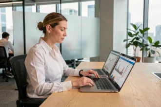Femme analyste financière comparant Excel et un tableau de bord reporting financier professionnel sur plusieurs écrans dans un bureau moderne