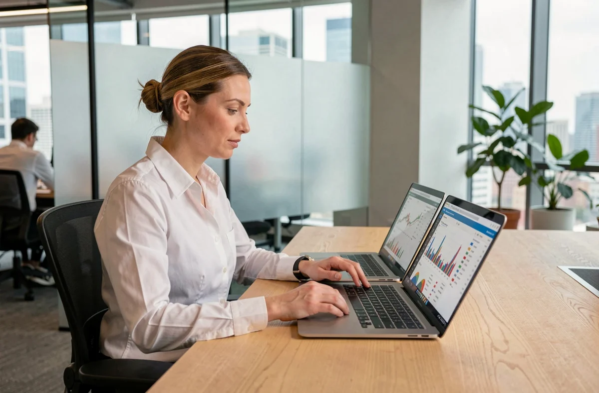 Femme analyste financière comparant Excel et un tableau de bord reporting financier professionnel sur plusieurs écrans dans un bureau moderne
