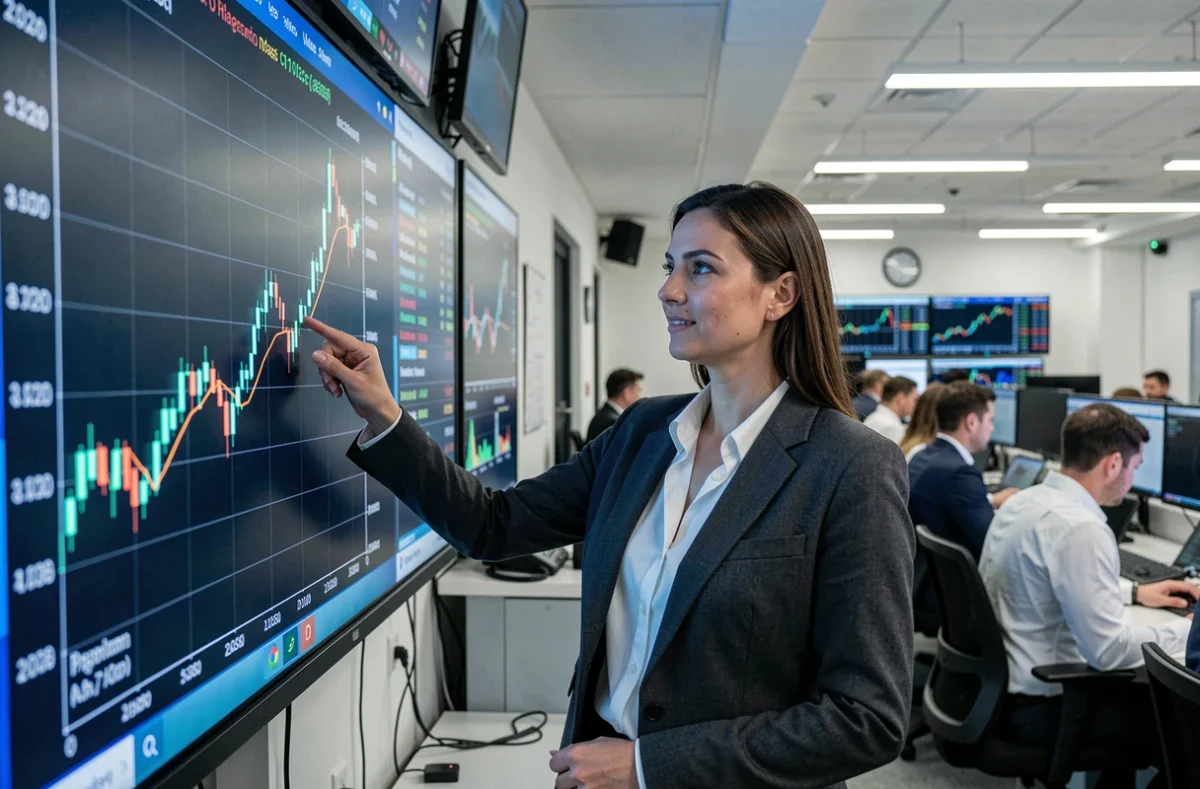 Analyste financière présentant les projections macroéconomiques 2026 sur un écran de salle de marché