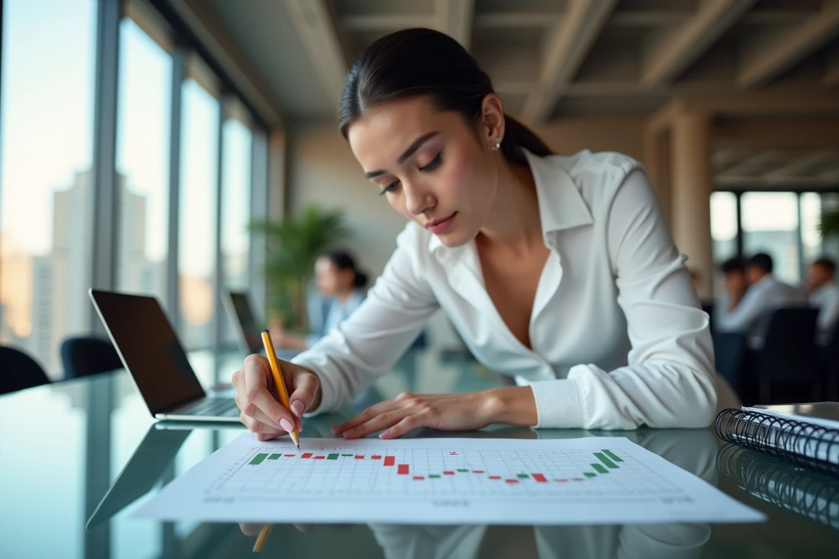 Analyste financière étudiant un graphique forex avec formation double bottom imprimé dans un open space moderne