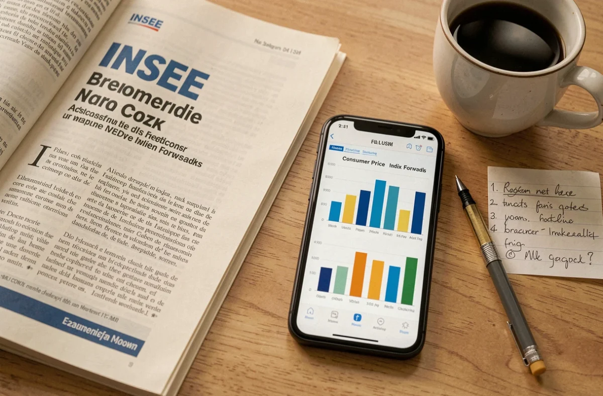 Annuaire statistique INSEE ouvert avec graphiques d'indice des prix à la consommation et notes manuscrites sur bureau en bois
