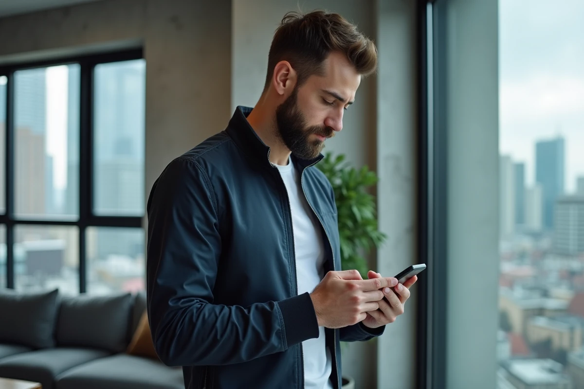 Homme consultant son application bancaire sur smartphone dans un appartement urbain moderne, symbolisant la banque à distance