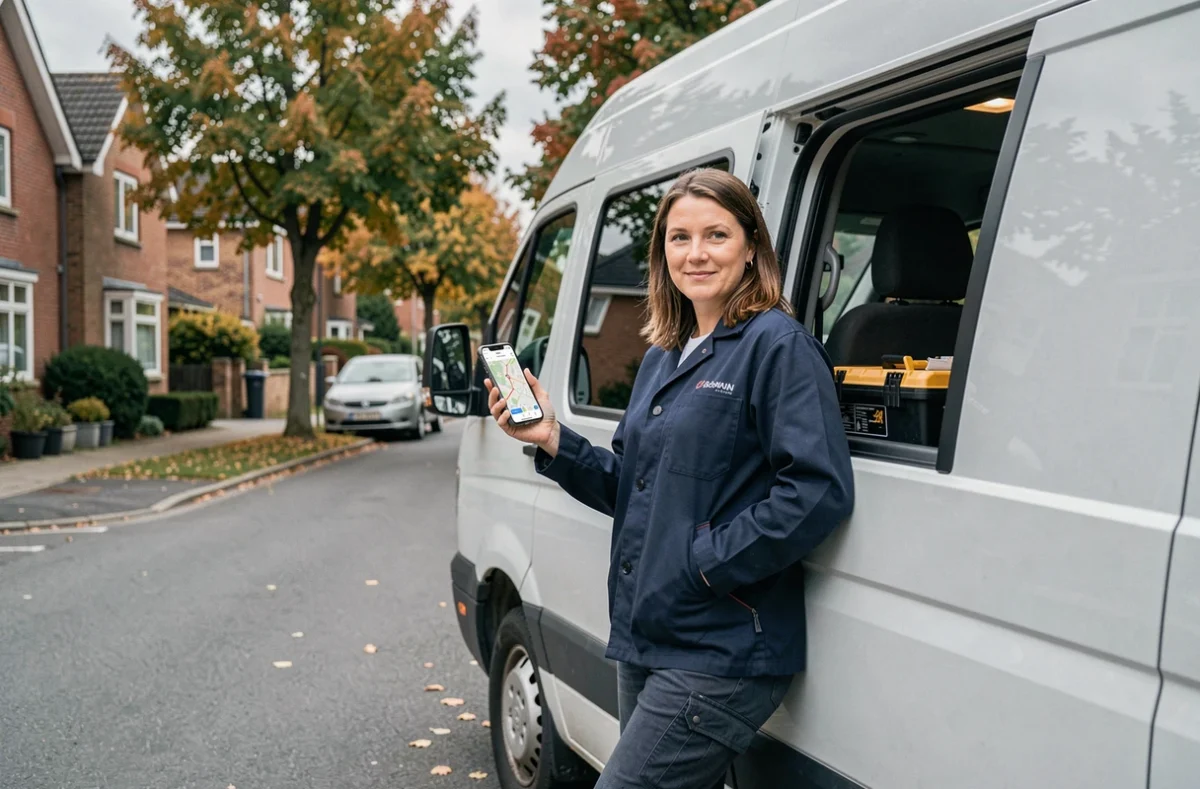 Artisane appuyée sur son véhicule utilitaire consultant une application de suivi kilométrique sur smartphone