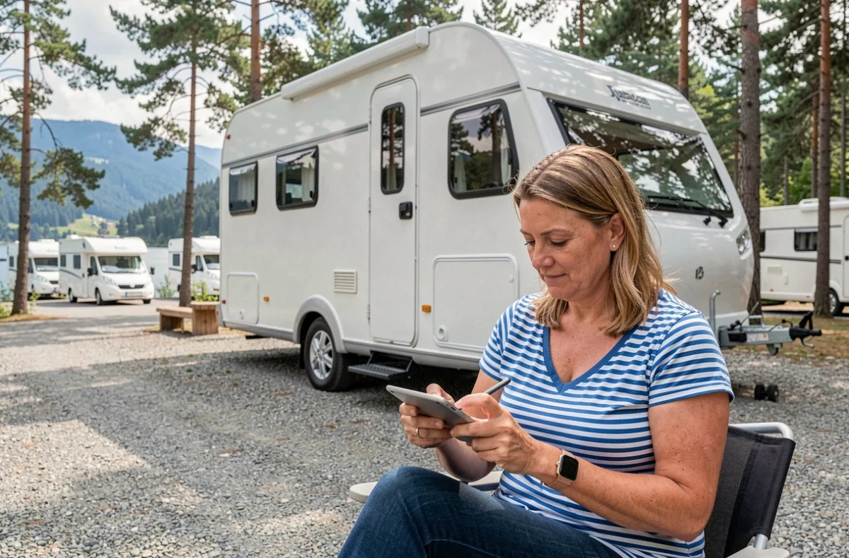 Femme utilisant une tablette pour souscrire une assurance camping-car en ligne sur un camping en plein air