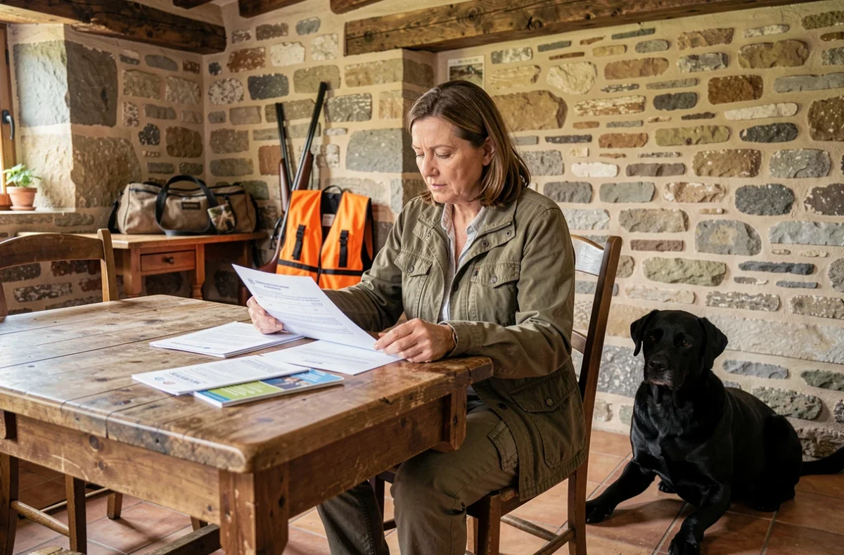 Chasseuse consultant un contrat d'assurance pour chien de chasse au sanglier dans une ferme traditionnelle française