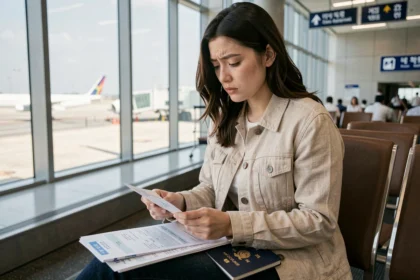 Voyageuse consultant ses documents d'assurance voyage avant un départ pour la Corée du Sud à l'aéroport