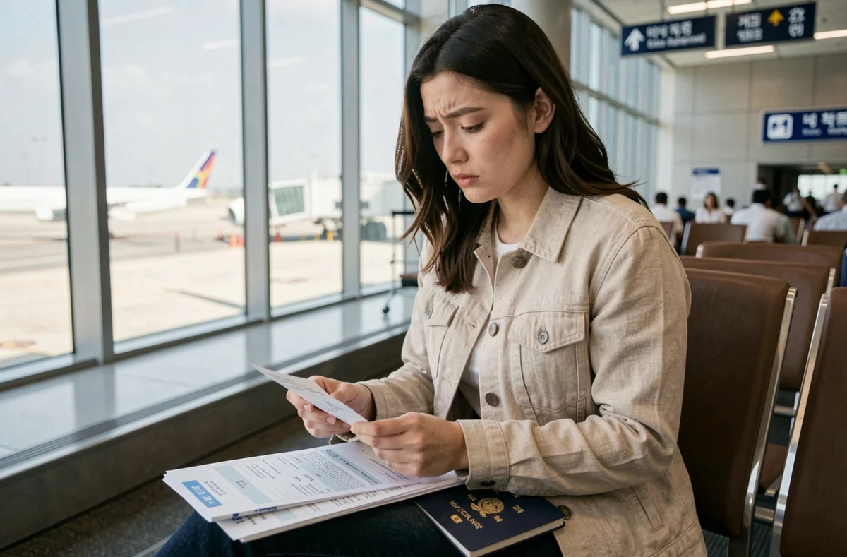 Voyageuse consultant ses documents d'assurance voyage avant un départ pour la Corée du Sud à l'aéroport