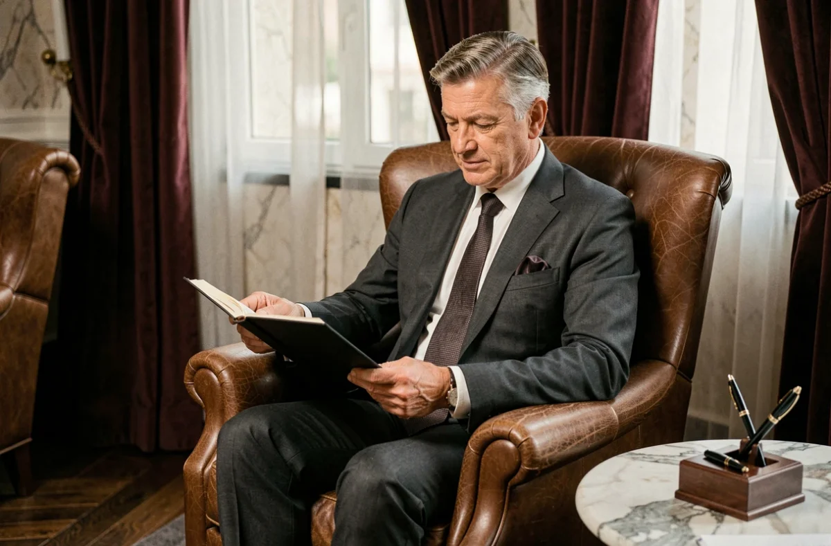 Gestionnaire de fortune de Balzac Gestion Privée dans un salon privé luxueux consultant un dossier client relié