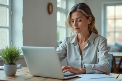 Femme utilisant sa banque en ligne sur un ordinateur portable dans un bureau à domicile, illustrant la gestion financière à distance