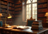Bibliotheque luxueuse avec livres et bureau ancien