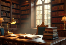 Bibliotheque luxueuse avec livres et bureau ancien