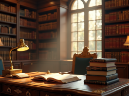 Bibliotheque luxueuse avec livres et bureau ancien