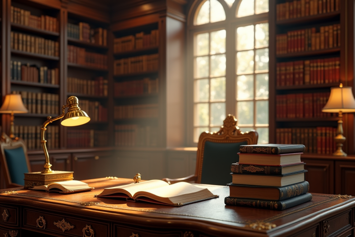 Bibliotheque luxueuse avec livres et bureau ancien