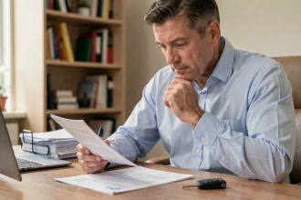 Homme consultant un bordereau de situation amendes pour la vente de son véhicule, stylo à la main et clé de voiture posée sur le bureau