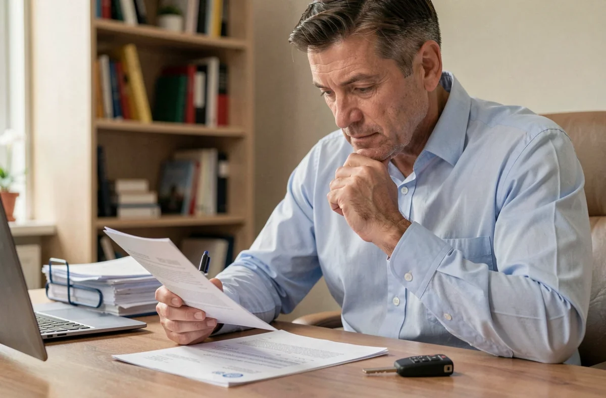 Homme consultant un bordereau de situation amendes pour la vente de son véhicule, stylo à la main et clé de voiture posée sur le bureau