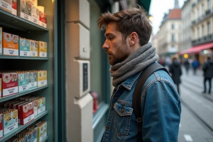 Homme en rue à Bruxelles examinant des alternatives à la cigarette