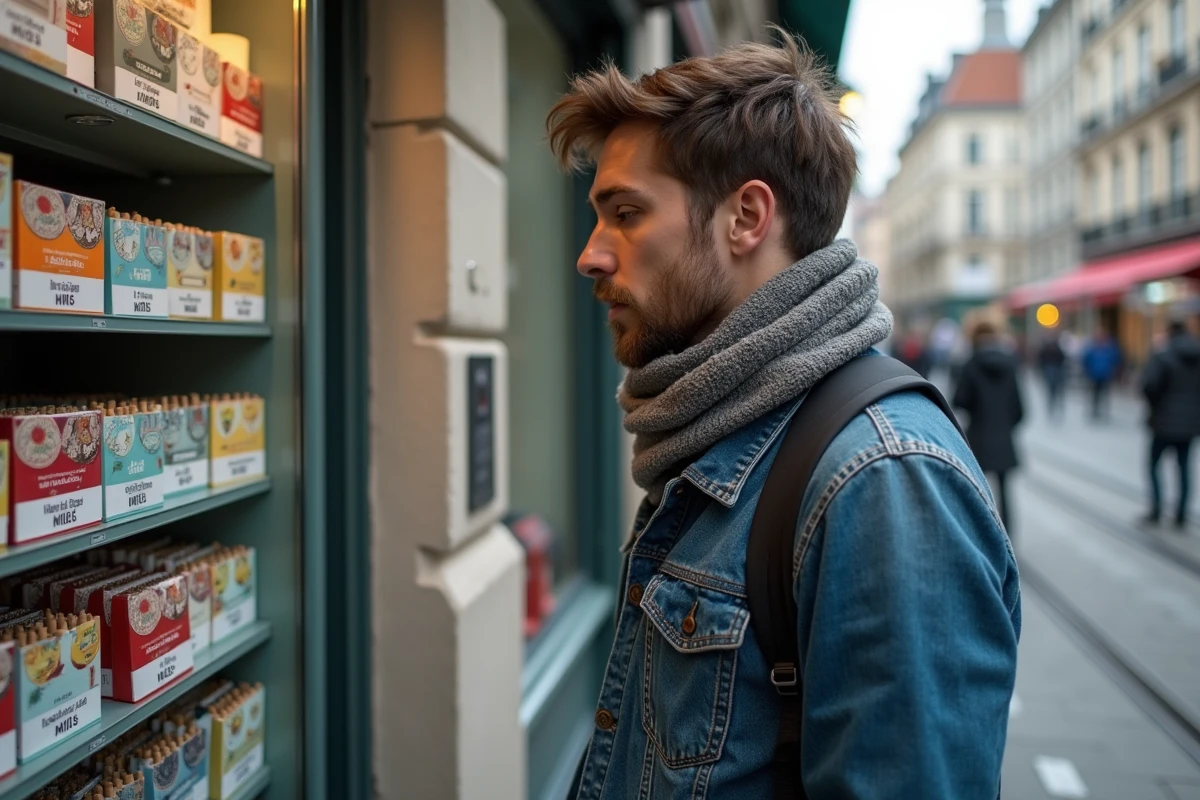 Homme en rue à Bruxelles examinant des alternatives à la cigarette