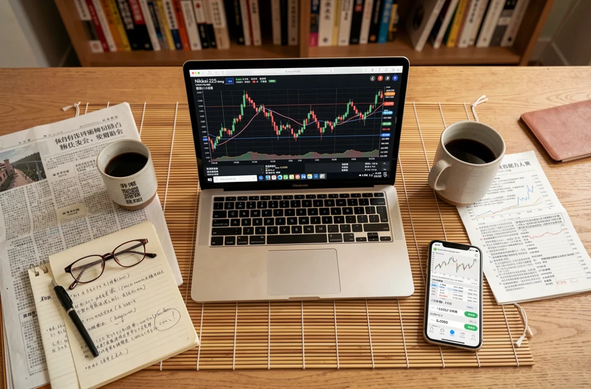 Bureau d'investisseur particulier avec laptop affichant les comparaisons des bourses asiatiques Tokyo Hong Kong Shanghai