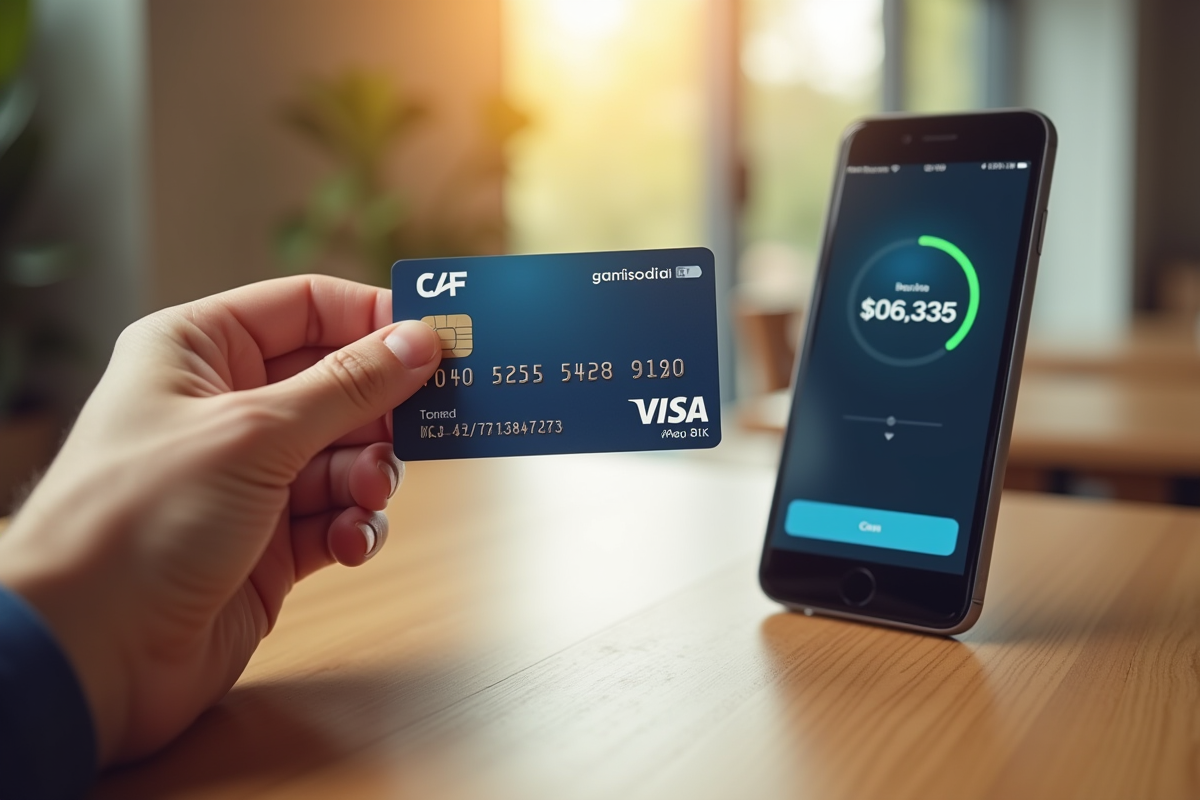 Main tenant une carte CAF et smartphone avec solde positif