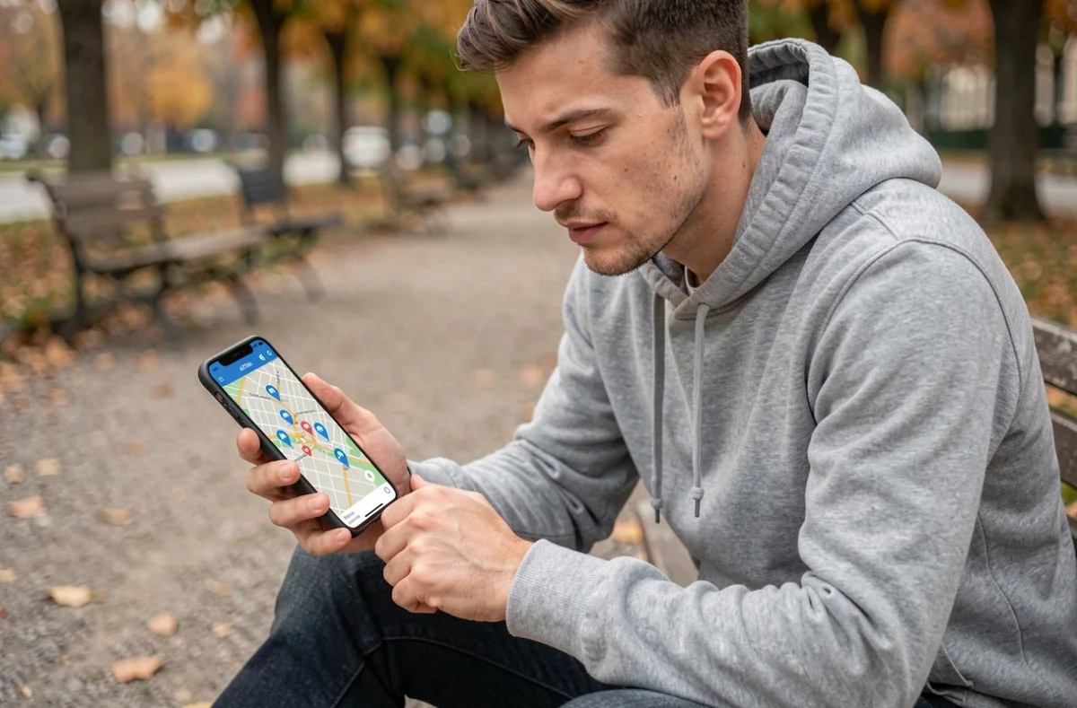 Jeune homme consultant une carte interactive de distributeurs de billets sur son smartphone en plein air