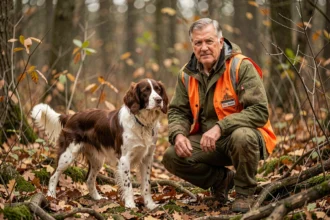 Chasseur et son chien de chasse à l'arrêt en forêt lors d'une partie de chasse au sanglier
