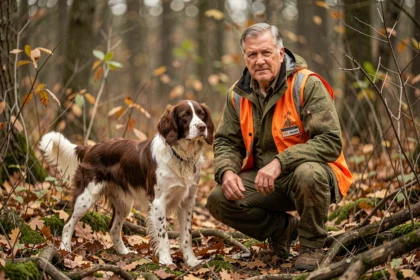 Chasseur et son chien de chasse à l'arrêt en forêt lors d'une partie de chasse au sanglier