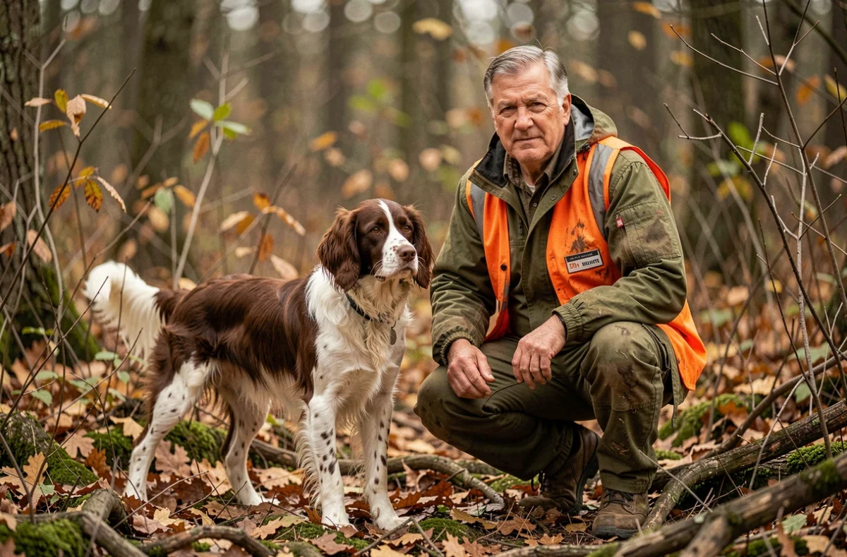Chasseur et son chien de chasse à l'arrêt en forêt lors d'une partie de chasse au sanglier