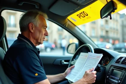 Chauffeur de taxi en France consultant des documents réglementaires sur le prix de la licence taxi 2026 à l'intérieur de son véhicule