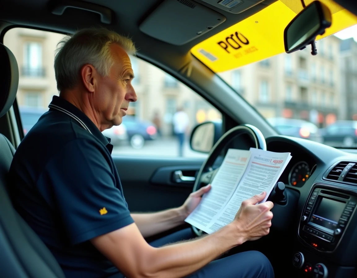 Chauffeur de taxi en France consultant des documents réglementaires sur le prix de la licence taxi 2026 à l'intérieur de son véhicule