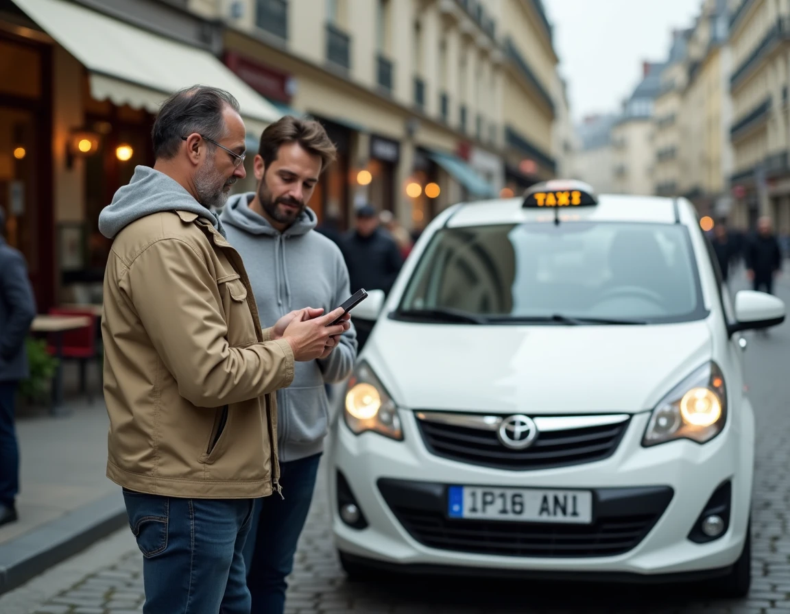 Deux chauffeurs de taxi parisiens discutant de l'impact des nouvelles réglementations sur le prix de la licence taxi en 2026