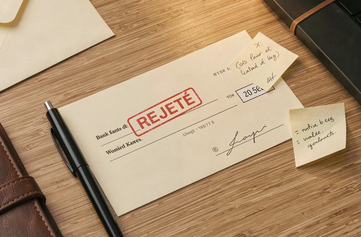 Chèque bancaire rejeté avec tampon rouge posé sur un bureau en bois, avec stylo et note de correction manuscrite