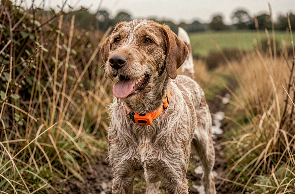 Chien de chasse de race braque allemand équipé d'un collier GPS en plein champ lors d'une chasse au sanglier