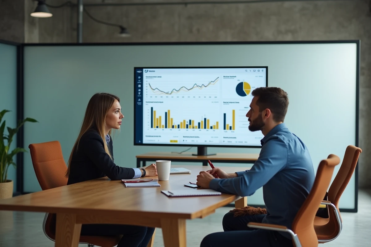 Deux collègues analysant des critères de sélection de plateformes de prêt en ligne dans un espace de coworking