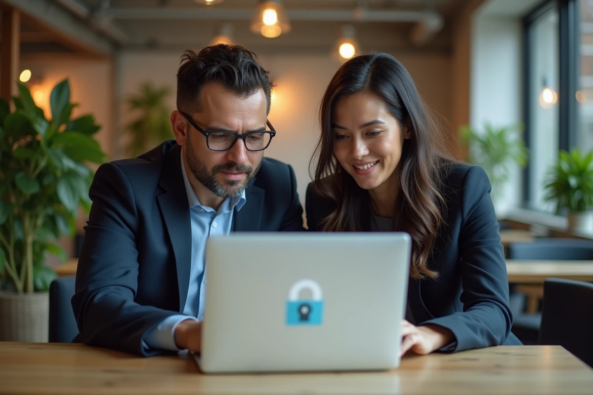 Deux professionnels consultant un espace bancaire sécurisé Cyberplus sur ordinateur portable dans un espace de coworking