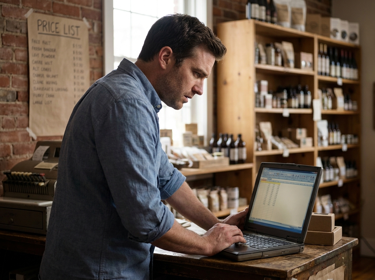 Propriétaire de commerce indépendant analysant un tableur de trésorerie sur un ordinateur portable derrière son comptoir