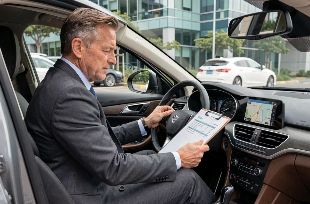 Commercial assis dans sa voiture en train de remplir une note de frais kilométriques sur un clipboard