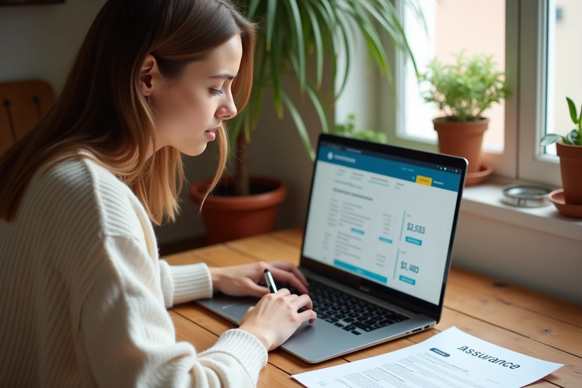 Mère de famille comparant des devis d'assurance scolaire en ligne sur son ordinateur portable dans une cuisine chaleureuse