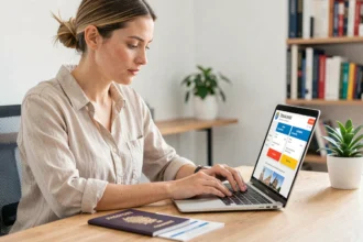 Femme comparant des assurances voyage sur son ordinateur portable avec son passeport posé sur le bureau