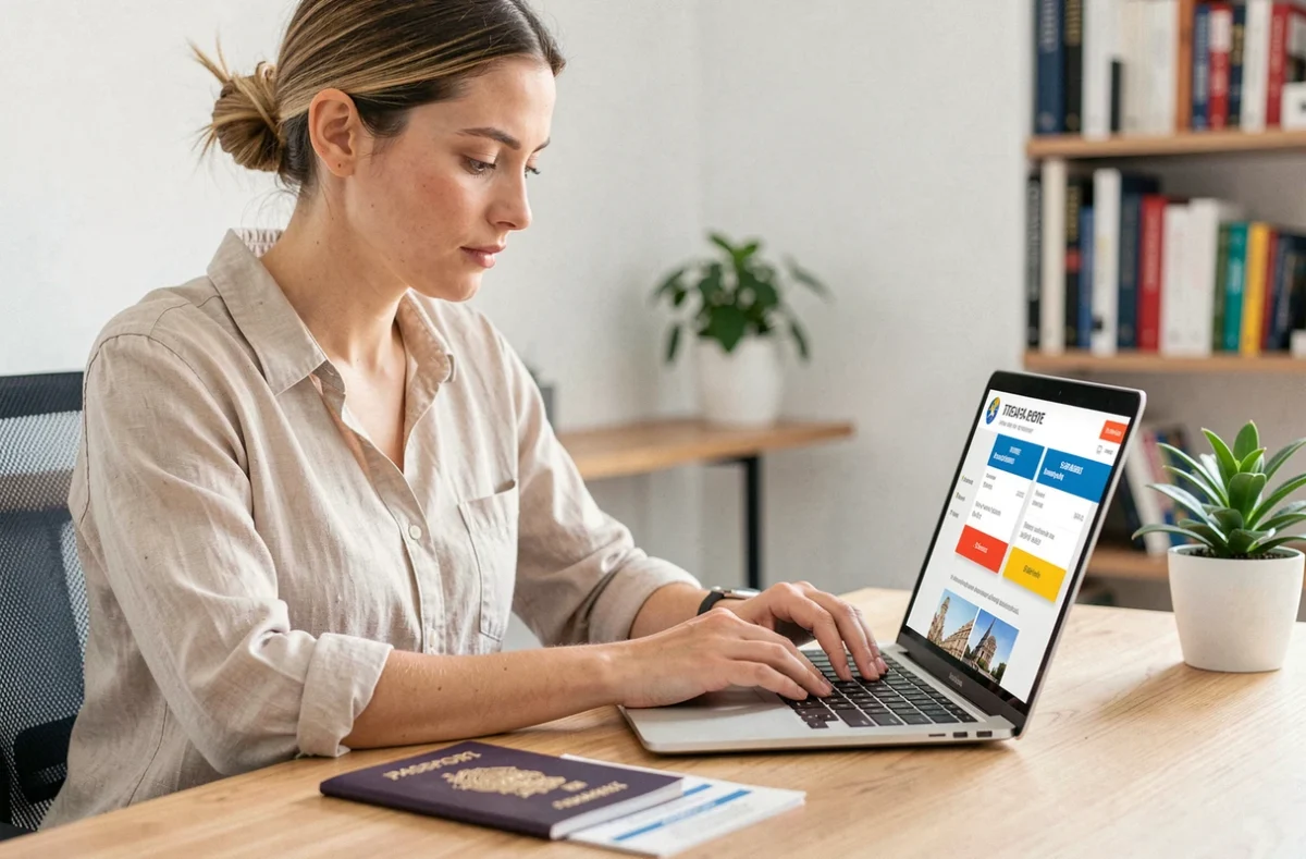 Femme comparant des assurances voyage sur son ordinateur portable avec son passeport posé sur le bureau