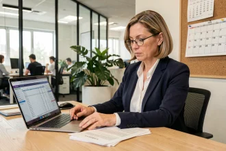 Comptable femme analysant les documents du bilan comptable 2026 dans un bureau moderne